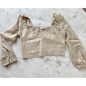 Aritzia Babaton Hadwyn Blouse Glimmer Tan Puffed sleeve Cropped Women's Sz Small